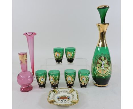 A Venetian overlaid glass liqueur set, together with other glass and a trinket dish