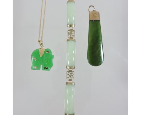 A Chinese jade and unmarked yellow metal bracelet, together with a jade elephant pendant and another (3)