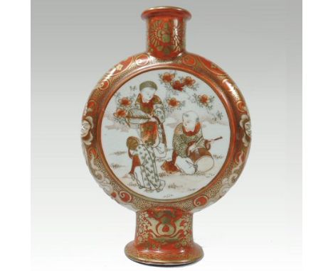 An early 20th century Japanese Kutani porcelain moon flask, decorated with figures and landscape, signed to base