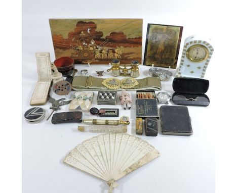 A collection of items to include a porcelain mantel clock