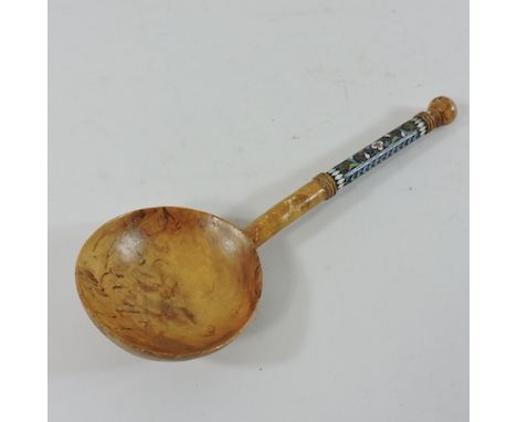 A Russian silver enamel and wooden spoon