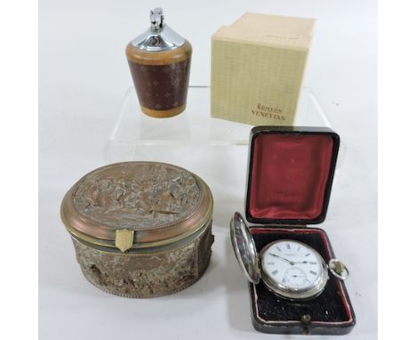 A silver pocket watch, together with a copper box with relief decoration, and a Ronson table lighter, 9cm tall