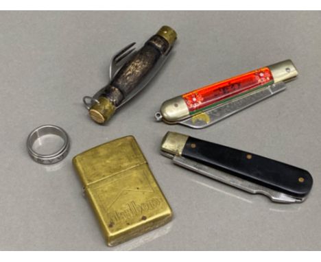 Zippo Marlboro lighter, pocket knives &amp; Roman numeral novelty ring