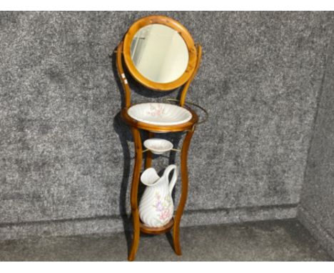 Pine mirrored wash stand with ceramic jug &amp; bowl set