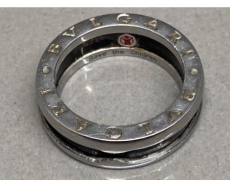 Italian Bvlgari sterling silver &amp; black ceramic save the children band ring, size P, 7.6g gross
