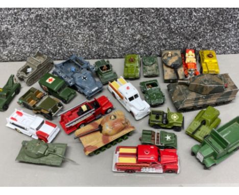 Crate of miscellaneous die cast cars mainly military, including Corgi, Dinky &amp; matchbox etc