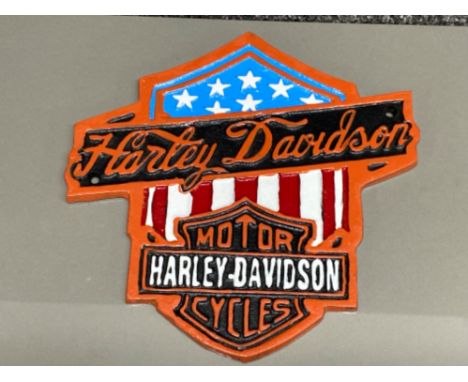 Cast metal Harley Davidson USA flag plaque