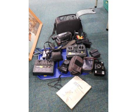 A Sony camcorder, together with various digital camera, Panasonic Lumix DMC-TZ53 camera, two radio control controllers, etc. 