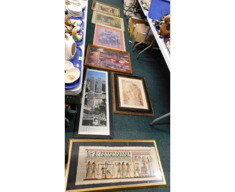 A group of pictures and prints, etc., to include an Egyptian style papyrus print, after Leonardo Divinci The Virgin and Child