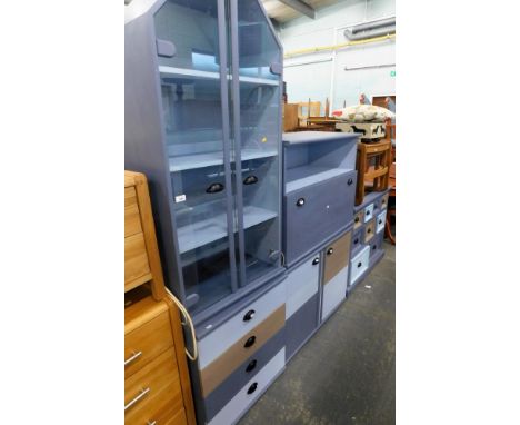 A group of furniture, to include a blue painted chest with an arrangement of nine drawers, 84cm high, 101cm wide, 45cm deep, 