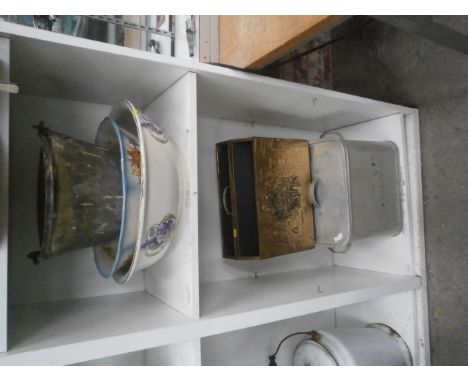 2 shelves inc galvanised bucket, ceramic bowls and brass magazine rack