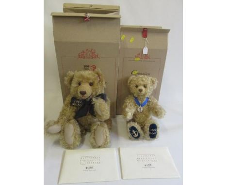 Two boxed Steiff teddy bears, comprising a 35cm Coronation bear, and a 44cm 100 year bear, both with certificates (Est. plus 