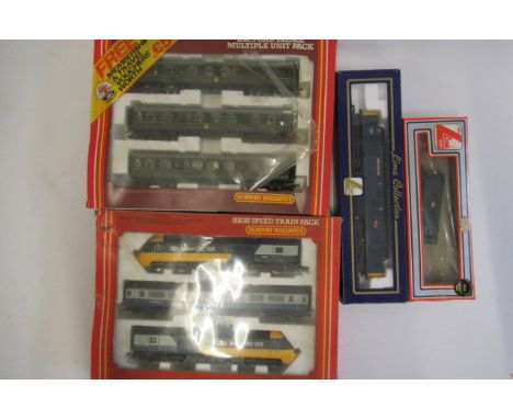 Hornby B.R. three car B.R. D.M.U. boxed, G, Intercity 125, boxed G, Lima 08 Diesel in B.R. blue, boxed F, and Class 37-207 in