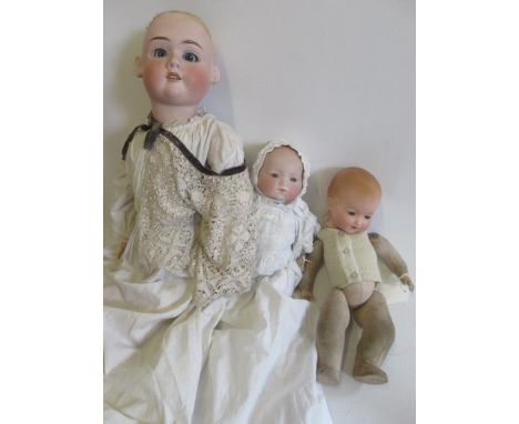 Three bisque head dolls, comprising a 28" Max Handwerck 4 1/2 socket head, with sleeping eyes (needing attention), open mouth