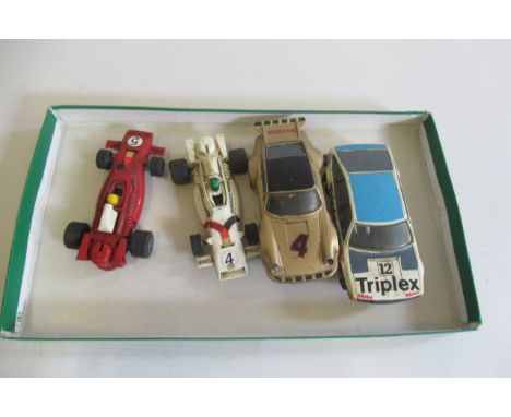 Four playworn Scalextric cars including Rover 3000 and Porsche, P (Est. plus 21% premium inc. VAT)