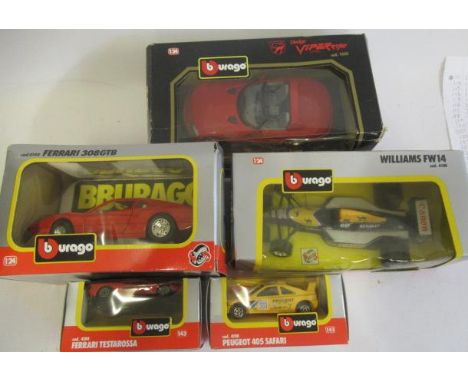 Burago Dodge Viper, Ferrari 308, Williams FW14 and 1:43 scale Peugeot Ferrari Testarossa, boxed E (Est. plus 21% premium inc.