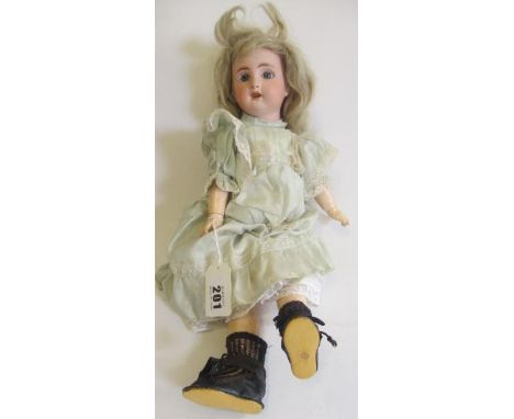 A possible Jumeau bisque socket head doll, with blue glass sleeping eyes, open mouth, teeth, pierced ears, blond wig, wood an