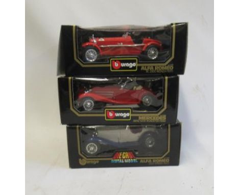 Three Burago 1/18th scale cars comprising an Alfa Romeo 8C, Mercedes 500K and Alfa Romeo 2300, all items boxed, E (Est. plus 