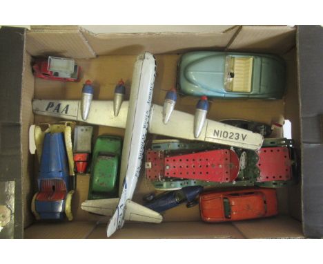 Playworn tinplate toys including Gama Stratocruser airliner, Triang and Meccano, F-P (Est. plus 21% premium inc. VAT)