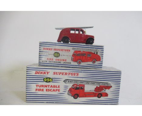 Dinky 956 Turntable Escape fire engine, 955 fire engine, both items boxed, G, and an unboxed pre-war fire engine, F (Est. plu