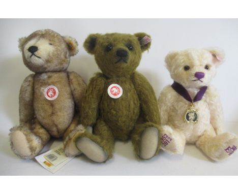 Three Steiff bears, comprising a 31cm Classic Petsy, a 31cm Edward limited edition, and a 26cm Diamond Jubilee bear (Est. plu