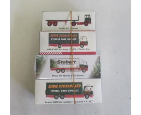 Four Eddie Stobart 1:76 scale tracks MAN L2000, Scania 110, Volvo FH and Scania 94D, boxed E (Est. plus 21% premium inc. VAT)