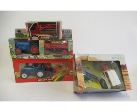 Britains Ford Tractor and Rear Digger, Lone Star Tractor with harrow and Crescent Tractor with trailer, boxed, G-E (Est. plus