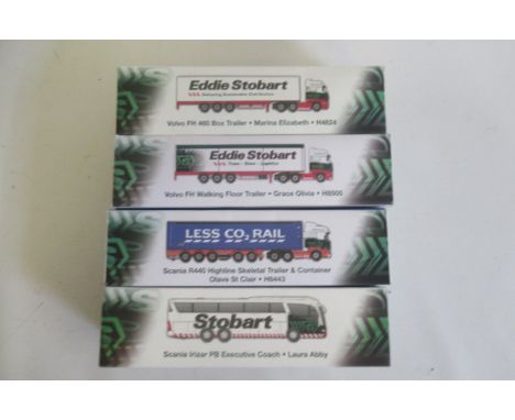 Four Eddie Stobart 1:76 scale trucks, two Volvo FH, Scania R440 and Scania Irizar, boxed E (Est. plus 21% premium inc. VAT)