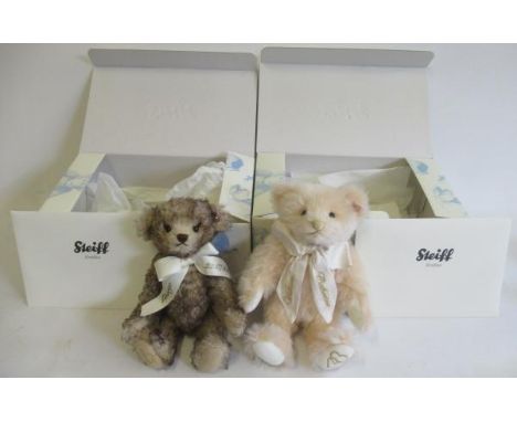 Two boxed Steiff Royal teddy bears, comprising a 27cm William & Catherine bear and a 25cm Royal Baby Windsor bear, both with 