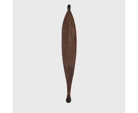  LARGE ABORIGINAL SPEARTHROWER, WOOMERA WESTERN AUSTRALIA carved and engraved wood, topped with a wooden peg attached with sp