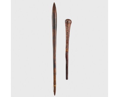  ABORIGINAL TIWI THROWING CLUB AND FIGHTING STICK AUSTRALIA carved wood, the tiwi throwing club with deep linear grooving and