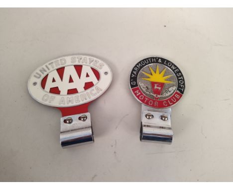 Four vintage car club badges including Jaguar Drivers Club, Royal Air Force Association, Gt Yarmouth and Lowestoft Motor Club