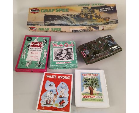 A vintage wooden boxed part Meccano kit, a vintage model of the Graf Spee, various boxed vintage games, a box of vintage plas