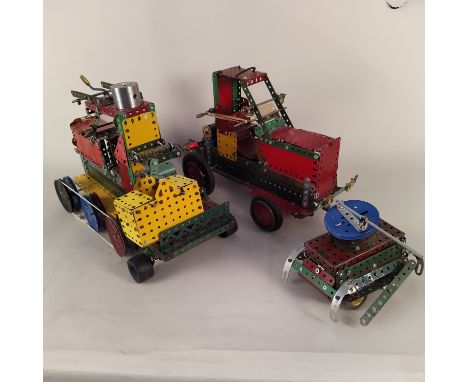 A box of constructed Meccano plus two empty vintage boxes