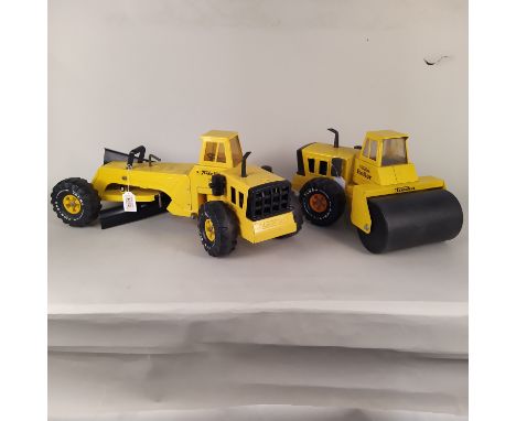 A large Tonka road grader plus a road roller