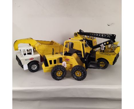 Three vintage large Tonka vehicles, crane, fork lift and dumper truck (mild playworn)