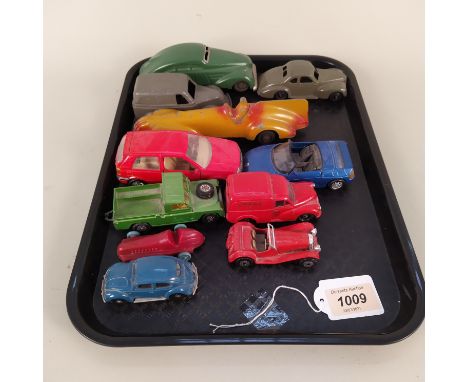 A selection of vintage racing cars and vehicles including a Timpo Toys mechanical, Dinky Studebaker, Art Deco style racer etc