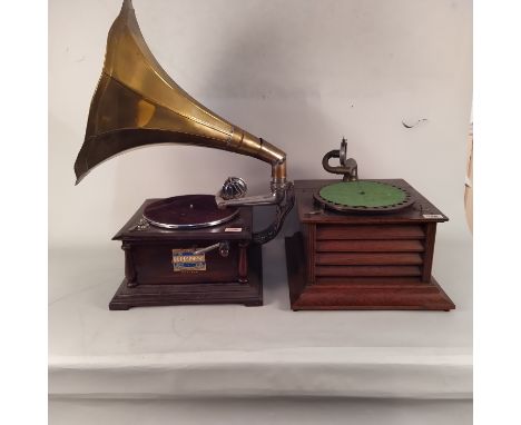 A vintage 'Duplo Phone' by Jansons Patent Gramophone Co, a wind up gramophone (as found) with brass horn plus another unmarke
