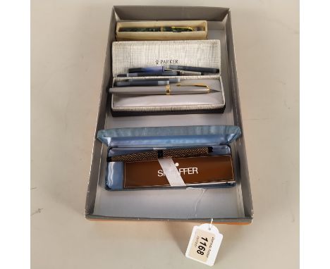 A vintage 'lady' Sheaffer fountain pen in original box and 14ct gold nib, a Parker 'Sonnet' in box, a Conway Stewart 84 pen i