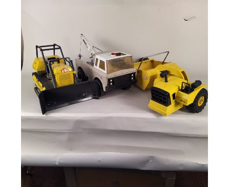 Three vintage large Tonka vehicles, scrapper, dozer and pick-up rescue truck (playworn)