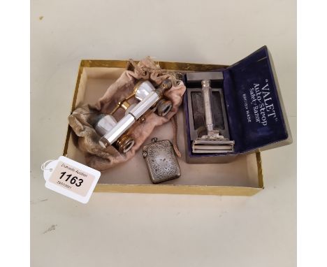 A boxed 'Valet' Auto Strop safety razor plus a plated vesta and vintage opera glasses