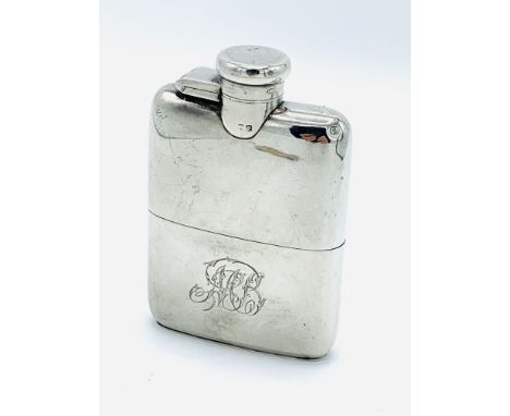 Hallmarked silver hip flask Birmingham 1914 by William Neale &amp; Son Ltd, with a hinged cap and engraved slip, weight 4.0oz