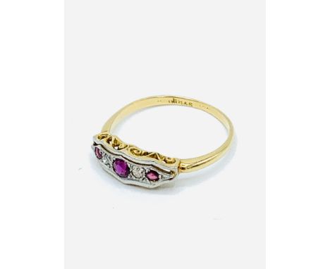 18ct gold Art Deco style ruby and diamond ring, by Henry Griffiths &amp; Sons, circa 1930, size N1/2, weight 2.1gms. Estimate