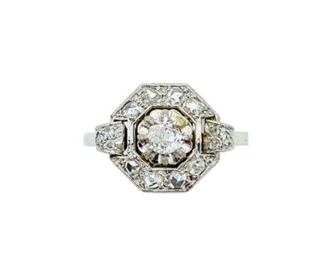 White gold diamond Art Deco ring, size S 1/2, weight 3.3gms, central old mine cut diamond approximately .33ct, colour L/M, cl