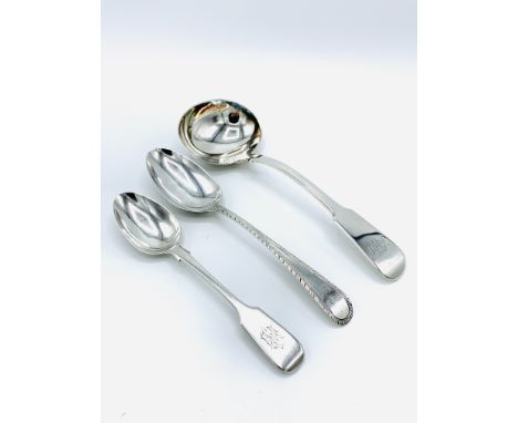 Georgian silver ladle, London 1831; a bottom marked silver spoon by James Wilks (1742...1755); along with a silver teaspoon, 