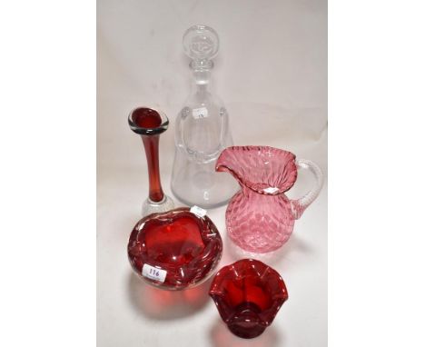 Four pieces of ruby or cranberry glass wares and a angel form decanter.
Angel Decanter has no chips damage or restoration vis