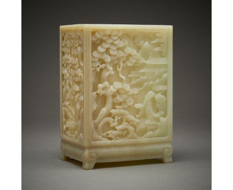 A well carved Chinese Guangxu jade brush pot. Rectangular or square form with a detailed scene carved along all sides. Each r