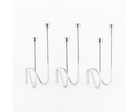 Lino Sabattini (Italian, 1925-2016). Mid-century Modern three piece silverplate candlestick set, each with two arms. Marked a