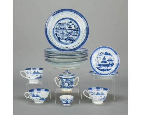 Group of 14 pieces of 19th century Chinese export Cantonese porcelain. Blue and white decoration depicting landscapes. Severa