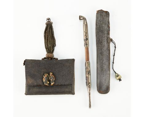 Group of Japanese Edo period tobacciana objects including two cases covered in animal hide, one with a metal ojime bead, and 
